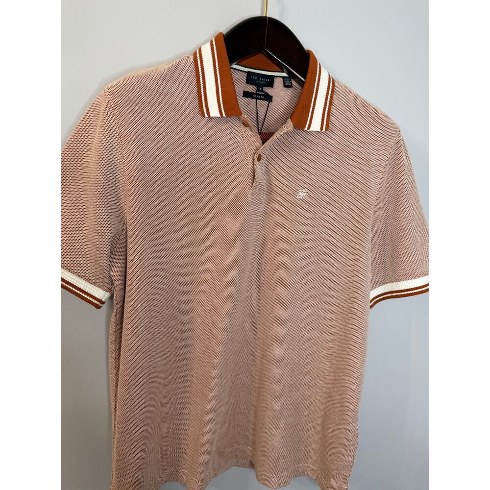 Ted Baker Phenes Textured Cotton Polo Shirt Stripe Trim Brown Men 4 US XXL - Picture 12 of 13